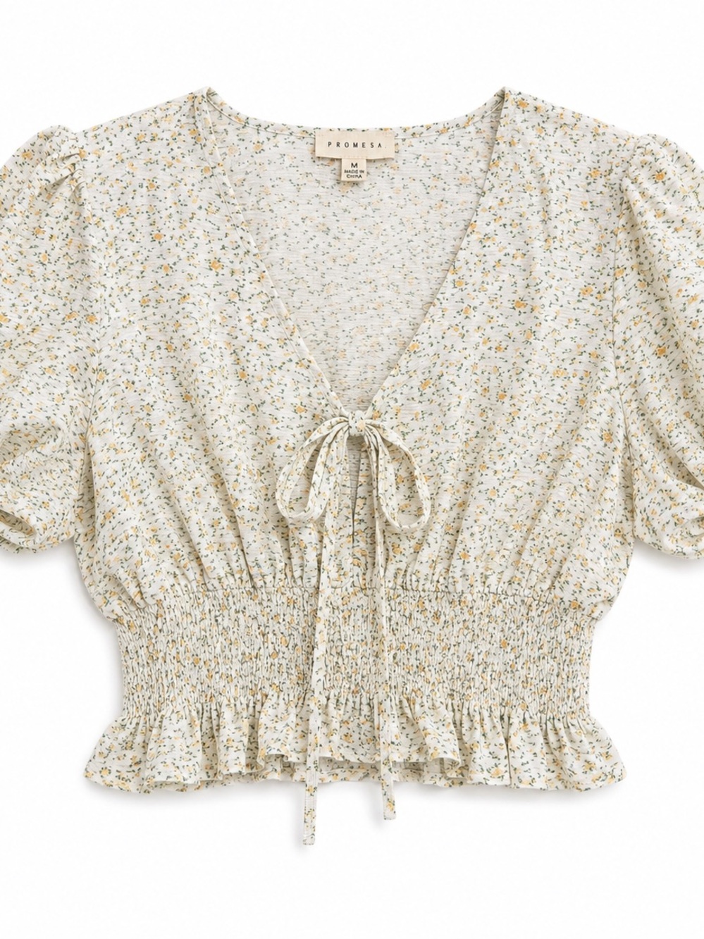 Promesa Floral Tie Front Puff Sleeve Crop Top M
